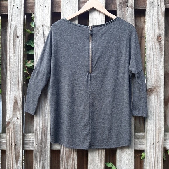 Zara W&B Collection Grey Top Back Zip Faux Leather Trim Dolman Bat Sleeve Size S - Picture 14 of 14